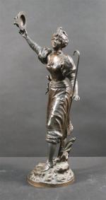 ANFRIE Charles (1833-1905) : Jeune promeneuse saluant. Bronze patiné, signé....