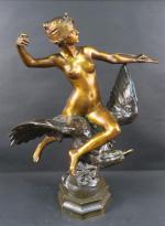 GEORGES-BAREAU (1866-1931) : Diane chevauchant Jupiter en aigle. Bronze patiné,...