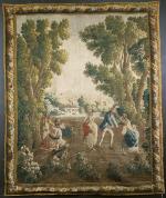 Tapisserie d'AUBUSSON d'époque XVIII's à décor de cinq personnages jouant...