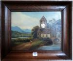 École Suisse du XIXème siècle : Charmant petit tableau horloge...