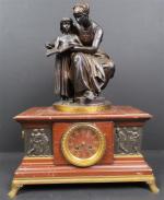 DELAPLANCHE Eugène (1836-1891) : L'Education maternelle. Pendule en marbre rouge...