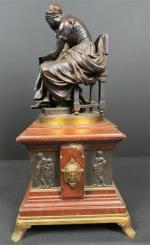 DELAPLANCHE Eugène (1836-1891) : L'Education maternelle. Pendule en marbre rouge...