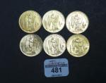 Six pièces de 20 francs or IIIè République type Génie...
