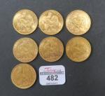 Sept pièces de 20 francs or IIIè République type Marianne...