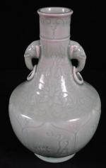 CHINE : Vase en porcelaine céladon à décor floral, anses...