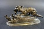 PAUTROT Ferdinand (1832-1874) : Renard et poule. Bronze patiné signé....