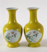 Paire de vases en porcelaine à fond jaune décorée en...
