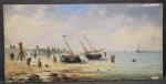 GILBERT Victor (XIX's) : Bateaux échoués et pêcheurs à marée...