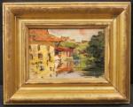 WAIDMANN Pierre (1860-1937). Paysage aux maisons en bordure de rivière....