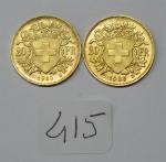 Deux pièces de 20 Francs or Suisse, type Helvetia 1930-1935