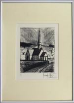 BUFFET Bernard (1928-1999). L'église de Lorleau. Gravure originale à la...