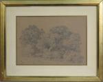 596 - PRON Hector (1817-1905) : Paysage aux arbres. Crayon...
