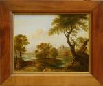 649 - Ecole française du XIX's Paysage panoramique animé. H.s.T.,...