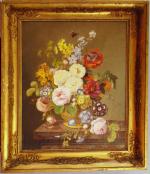 COSSARD Amélie (1796-1852) Corbeille de fleurs sur entablement et papillon...