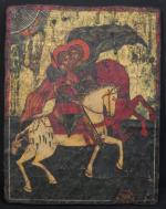 COPIE D'UNE ICONE représentant deux Saints à cheval, 34 x...
