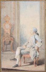 Louis CARROGIS, dit CARMONTELLE (1717-1806)<br />
Portrait de Jean-Benjamin de La Borde (1734-1794),<br />
premier valet de chambre du Roi à Versailles devant l’horloge astronomique de Claude-Siméon Passemant<br />
Sanguine, crayon noir et aquarelle<br />
25 x 15 cm<br />
Est : 8