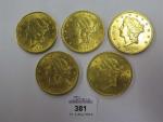 Cinq pièces de 20 dollars or Liberty 1904