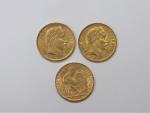 Trois pièces de 20 Francs or : deux Napoléon III...