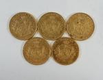 BELGIQUE. Cinq pièces de 20 Francs or Léopold II 1878.
Frais...