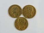 PREMIER EMPIRE : Trois pièces de 20 Francs or Napoléon...