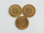 Troisième REPUBLIQUE : Trois pièces de 20 Francs or, 2...