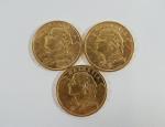 SUISSE : Trois pièces de 20 Francs or type Helvetia...