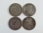 Quatre pièces en argent : Cinq Francs Napoléon 1er An...