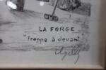 LA FORGE Frappe à devant. Lithographie en noir, signé et...