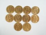 FRANCE : Dix pièces de 20 Francs or, IIIème République,...