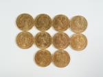 FRANCE : Dix pièces de 20 Francs or, IIIème République,...