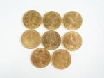 FRANCE : Huit pièces de 20 Francs or, IIIème République,...