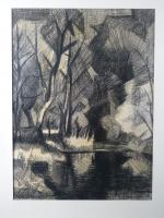 DONZELOT Pierre (1924-2003) : Paysage à l'étang. Fusain 63 x...