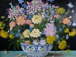 POCHEZ Marie (1926). Vase de fleurs. Grande huile sur toile,...