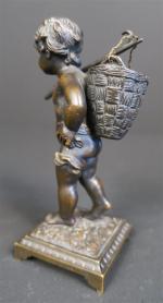 Petit pêcheur au harpon et panier en osier, en bronze...