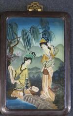 CHINE : Trois petites peintures sous-verre représentant des scènes avec...