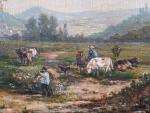 ROYER C. (XIX's-XX's). Paysage aux paysans gardant leurs vaches. Huile...