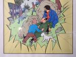 Tintin d'après l'oeuvre d'Hergé, grand poster sérigraphie sous verre représentant...