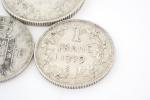 Lot de cinq pièces en argent : 5 Francs IIème...