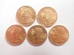 SUISSE : Cinq pièces de 20 francs or type Vreneli...