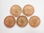 SUISSE : Cinq pièces de 20 francs or type Vreneli...