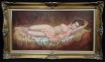 VINCENT. Femme nue allongée. Reproduction façon Huile sur toile, signée....