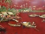 SONG CHUNG. Paysage vietnamien aux barques. Panneau de bois laqué...