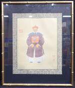 JAPON. Portrait d'Empereur. Dessin à la gouache sur soie, signée,...