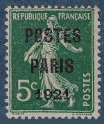 Préoblitéré n°21** 5c vert POSTES PARIS 1921 fraicheur postale bon...