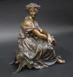 DUCHOISELLE (XIX-XX) : Jeune muse assise. Bronze patiné, signé. Haut....