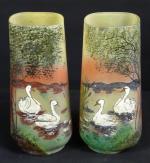 LEGRAS : Paire de vases en verre peint à décor...