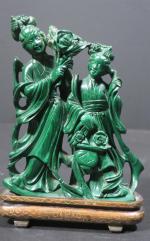 CHINE : Groupe en malachite sculpté représentant deux dames de...