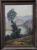 ANGLADE Gaston (1854-1919). Paysage lacustre. H.s.T. signée, 55 x 38...
