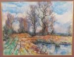 CHARRAT Louis (1903-1971) : Paysage à l'étang. Aquarelle signée et...