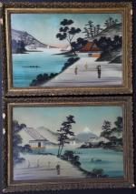 JAPON : Paysages lacustres animés. Deux peintures avec photos de...